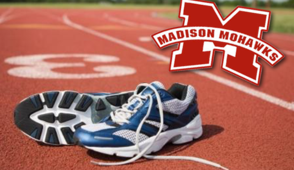 shoes on track with Madison Mohawks logo